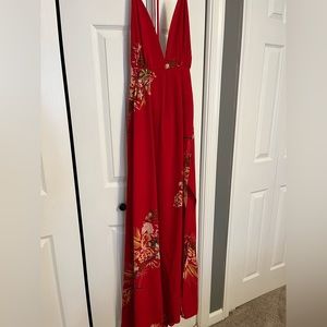 Red flowered halter-top, backless maxi dress